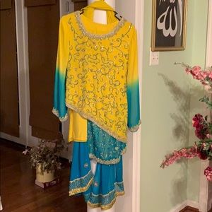 Yellow blue Pakistani outfit kameez pants small